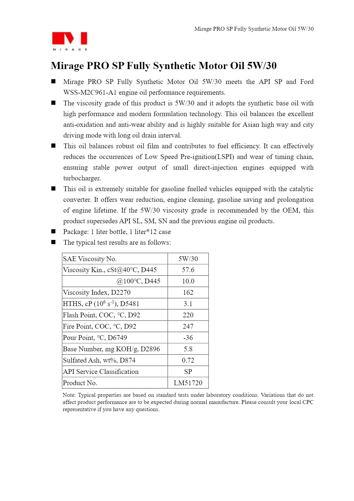 LM51720 MiRAGE PRO SP Fully Synthetic Motor Oil 5W30 e-book