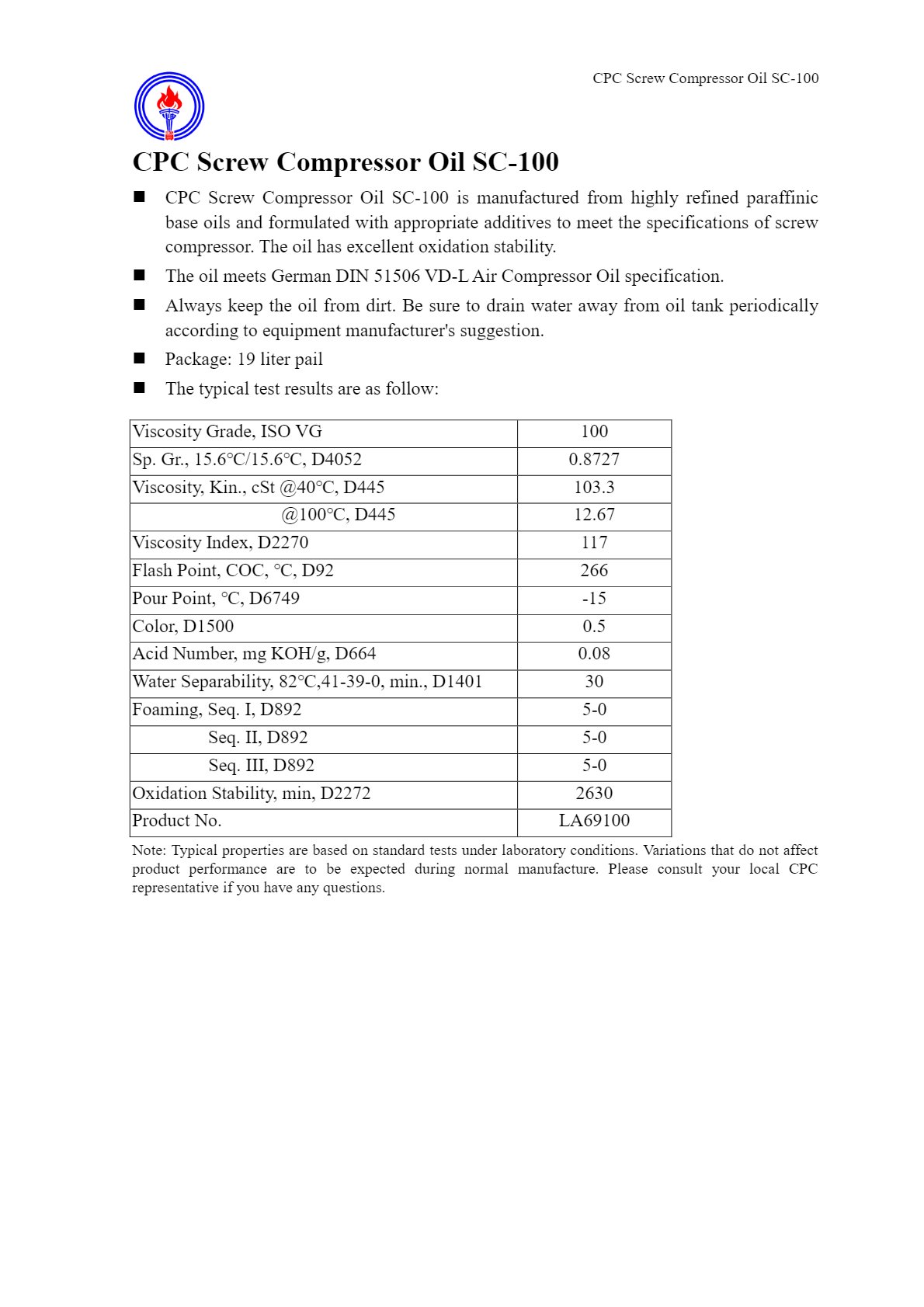 LA69100 CPC Screw Compressor Oil SC-100 e-book